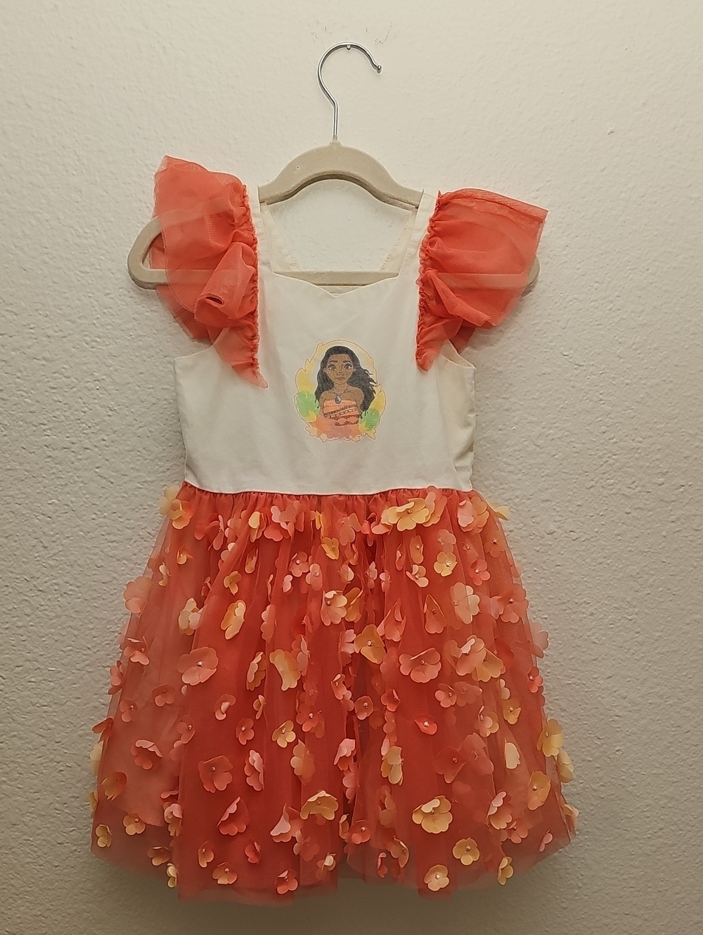 Disney Princess Moana 3D Flower Tulle Tutu Dress Coral Orange